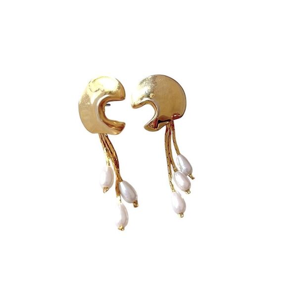Gold Abstract Pearl Drop Earrings - Picture 1 of 3